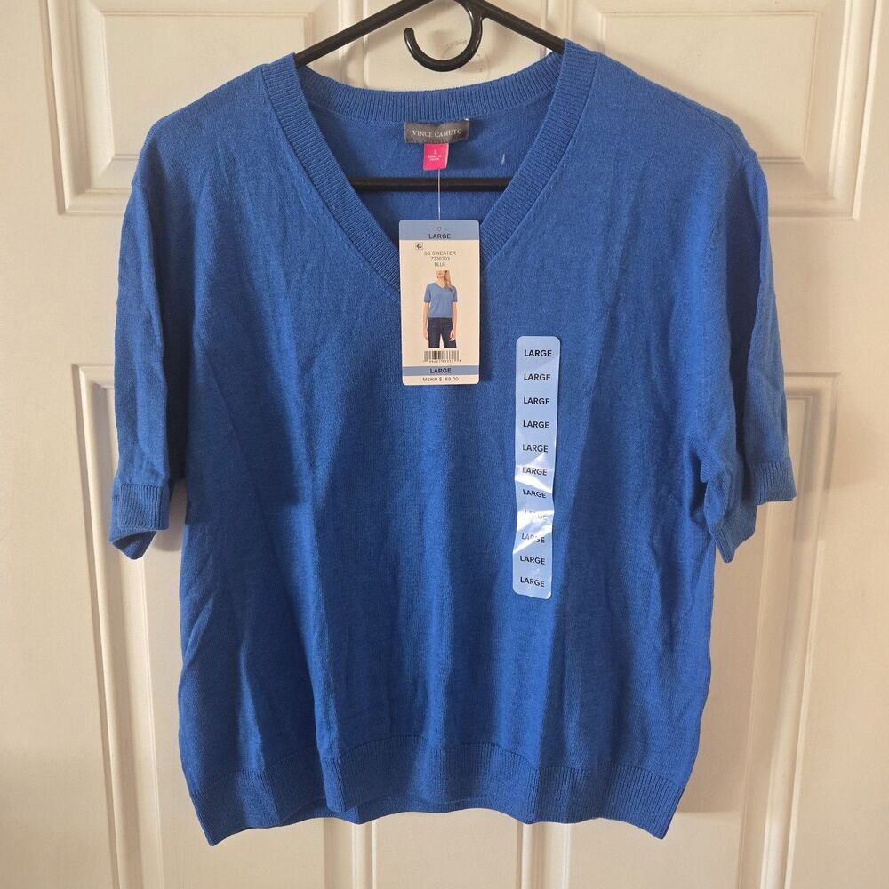 Vince Camuto Sweater Womens Large Blue Wool Blend V Neck Short Sleeve NWT